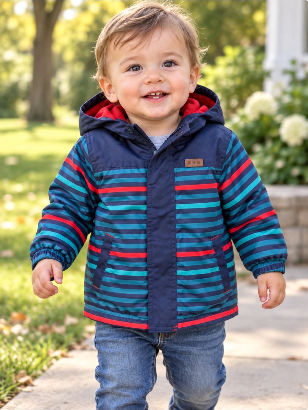 Trois Moutons Baby Boys Hooded Fleece Lined Jacket Size 12M Navy Striped Coat